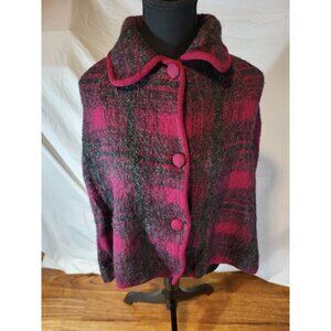 Gaby Castillon Plaid Button Front Collared Poncho Cape